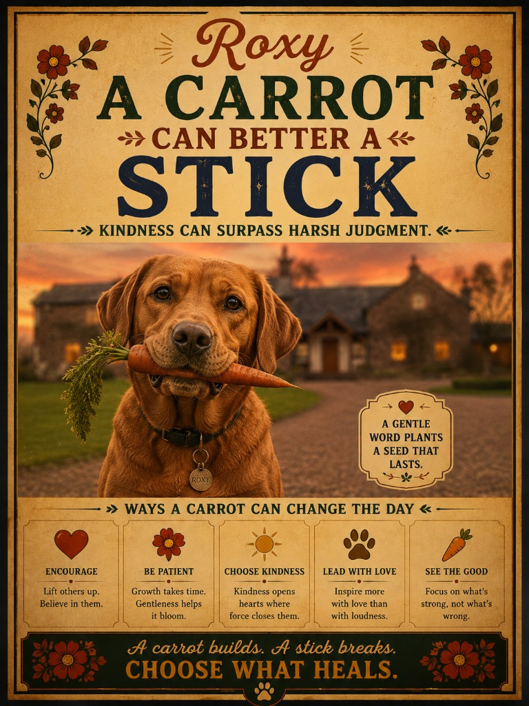 Roxy standing before her home at dusk, proudly holding a carrot, symbolising encouragement over criticism.