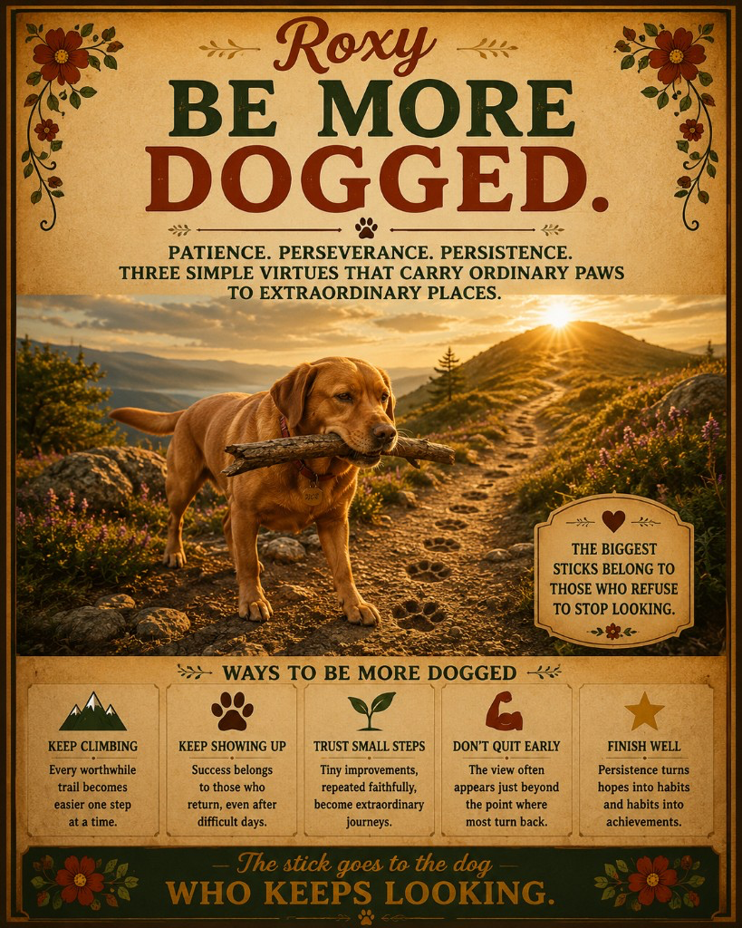 Roxy, a compact fox-red Labrador, climbing a rugged mountain trail carrying a large stick with determination as the sun rises ahead.