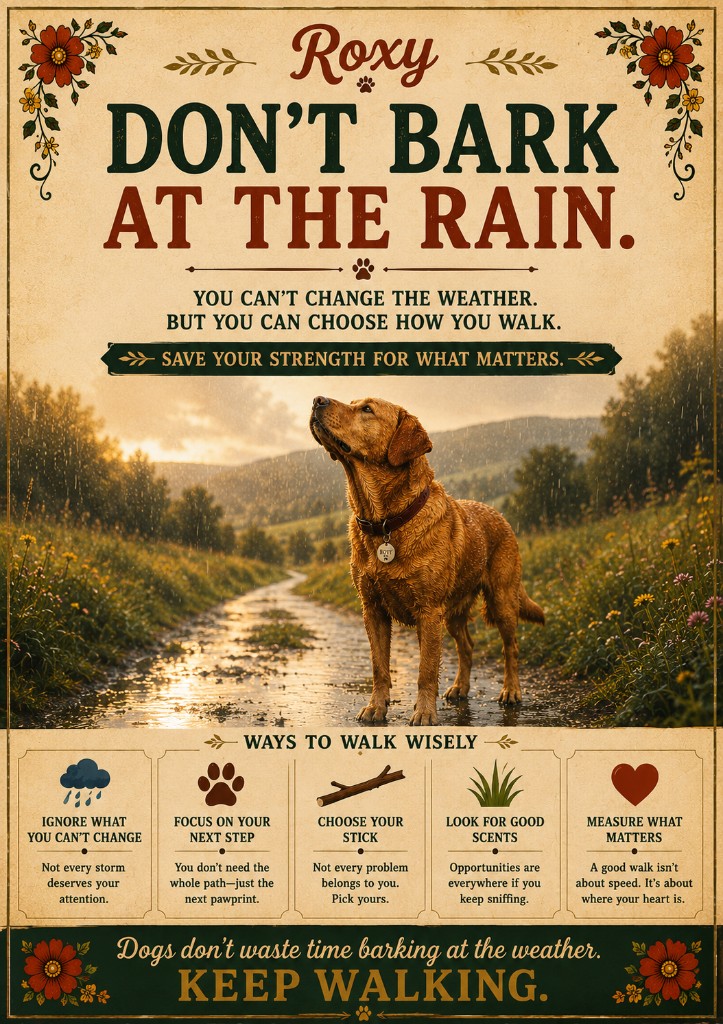 Roxy, a compact fox-red Labrador, standing calmly on a rain-soaked woodland path while rain falls around her.