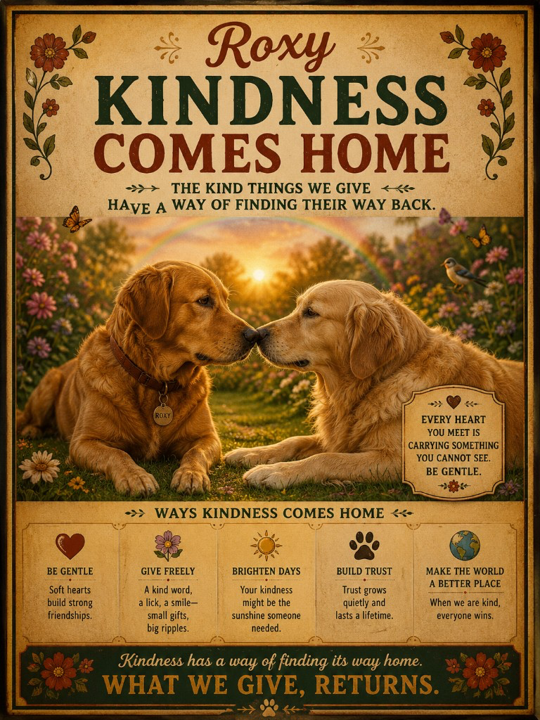 Roxy and Skye greeting each other gently in a flower garden beneath a rainbow sky.