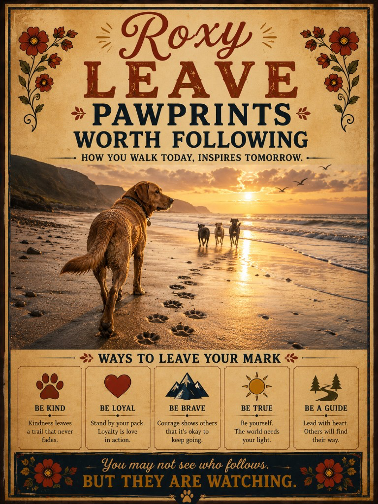 Roxy walking along a golden shoreline at sunset, leaving pawprints for others to follow.