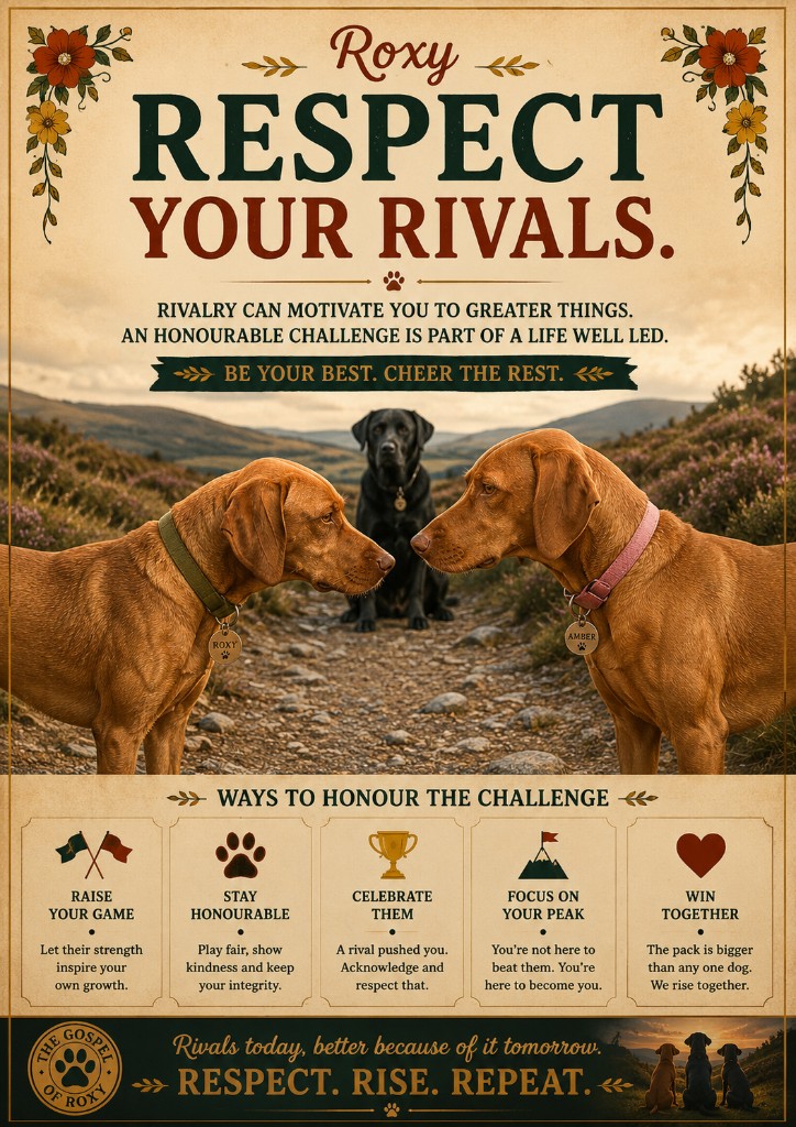 Roxy, a compact fox-red Labrador, standing nose-to-nose with Amber, a graceful Vizsla, while Blake, a large black Labrador, watches calmly from behind.