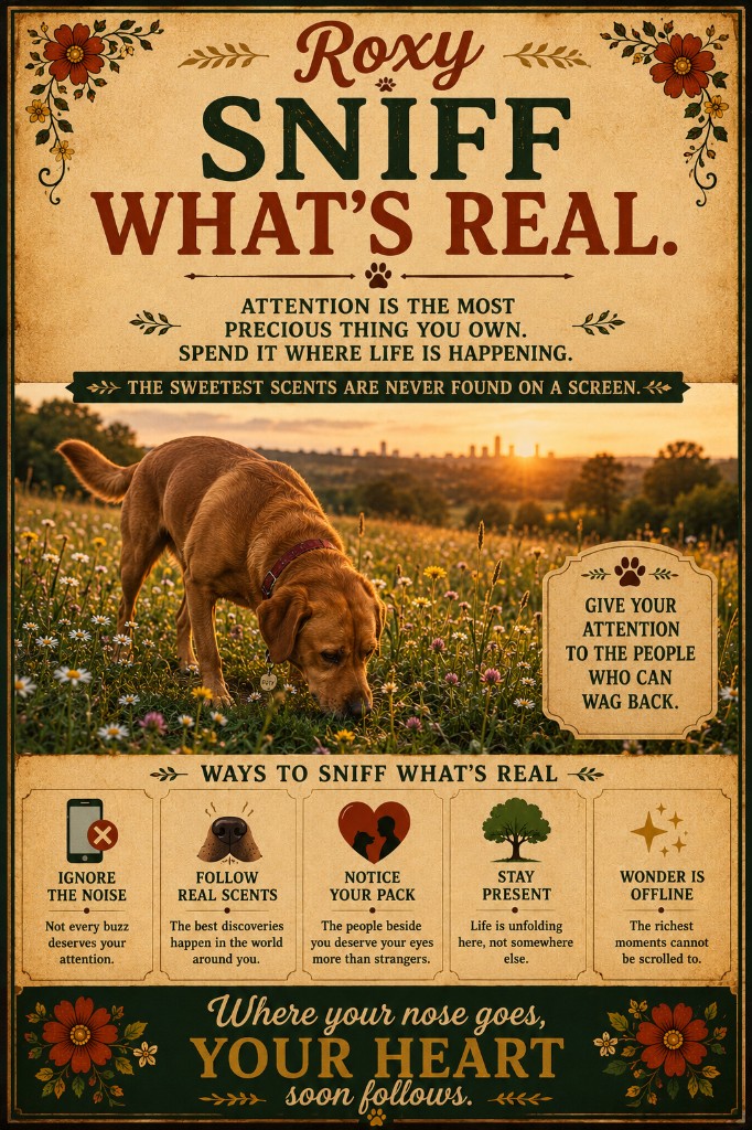 Roxy, a compact fox-red Labrador, peacefully sniffing wildflowers in a meadow at sunset while a distant city fades into the background.