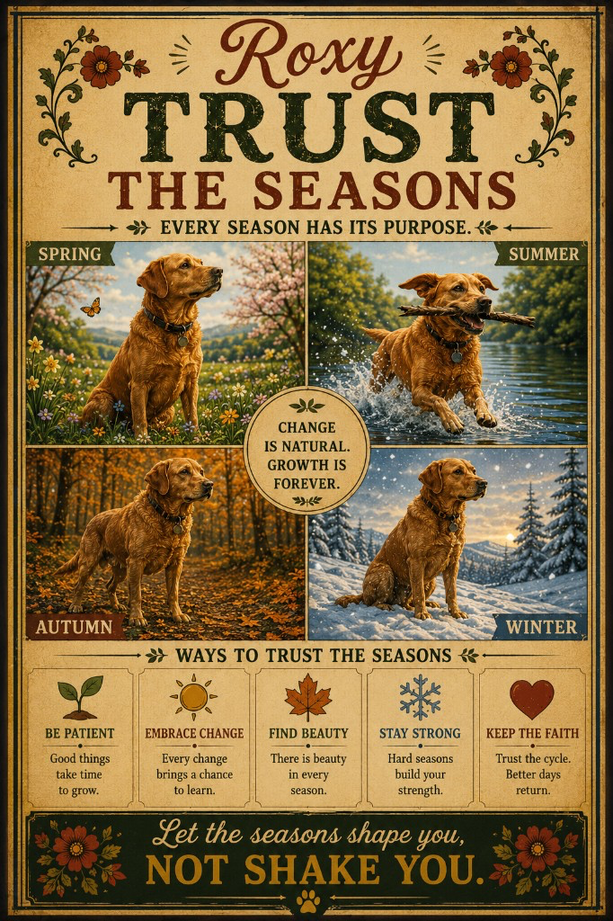 Roxy shown through spring, summer, autumn and winter in the Trust The Seasons poster